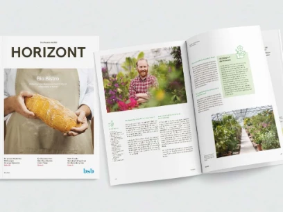 Zwei Ausgaben des Horizont Magazin von 2022. Die eine zeigt das Titelbild, die andere eine offene Doppelseite.